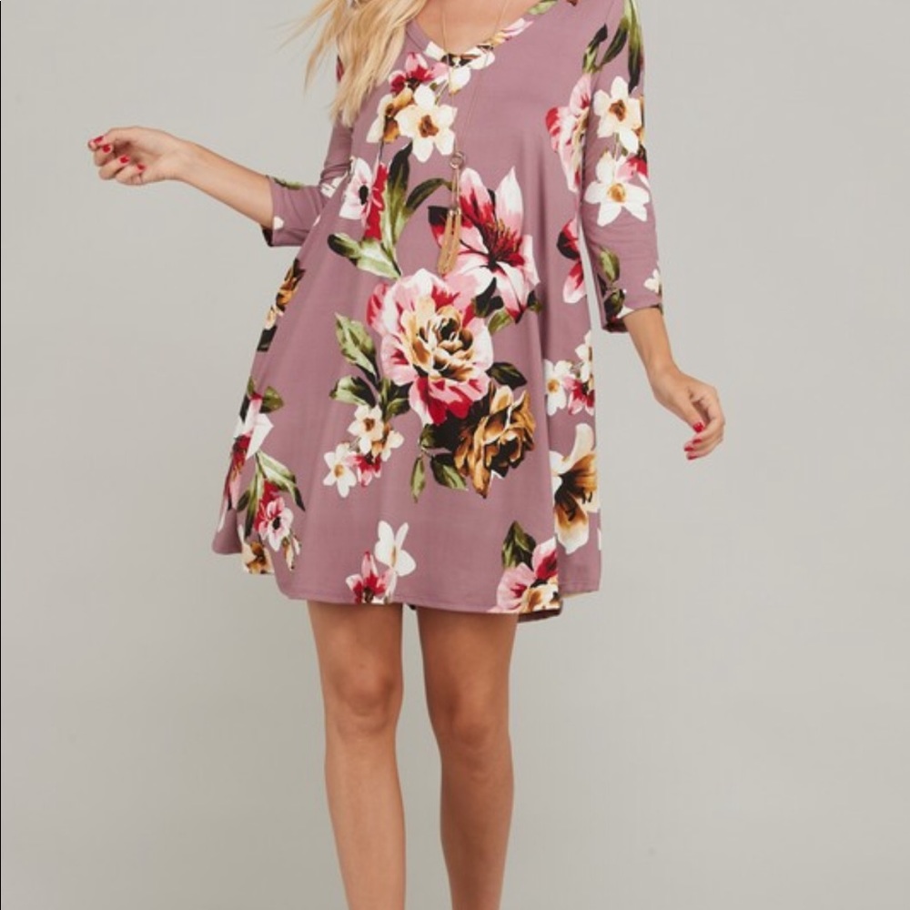 New Mandy Mauve Floral Dress Side Pockets med & 2x - Picture 4 of 5